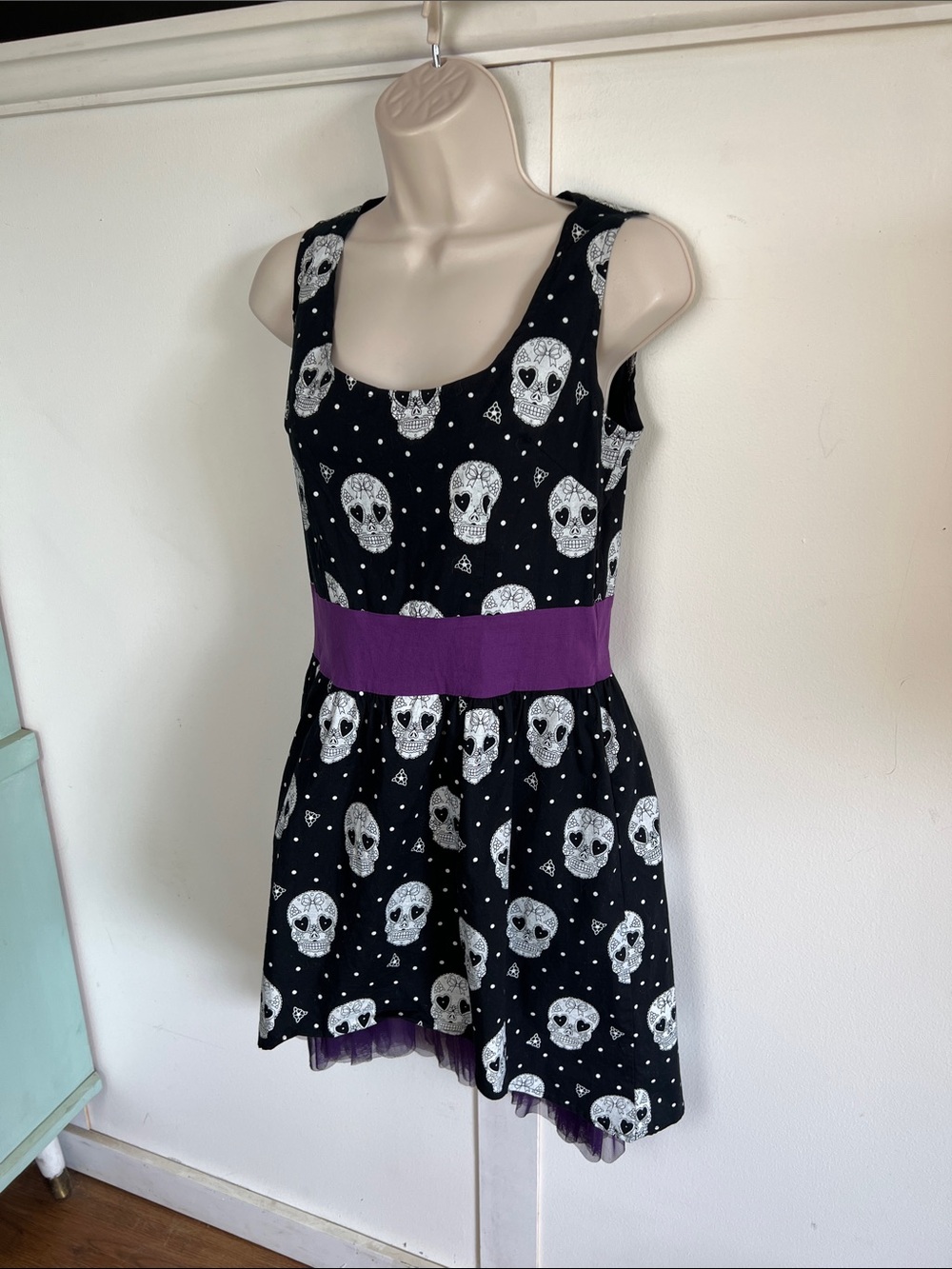 Sourpuss Black Sugar Skull polka dot High-Low Dress with Purple Waistband Y2K